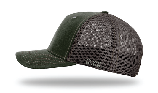 Honey Brake Leather Patch Richardson Waxed Cotton Mesh Back Cap Dark Olive
