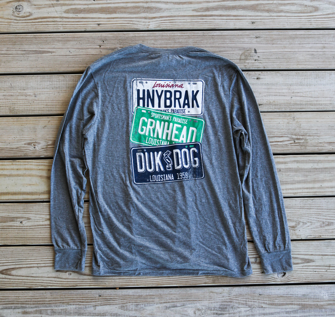 Back ofHB License Plate Long Sleeve T-Shirt Grey
